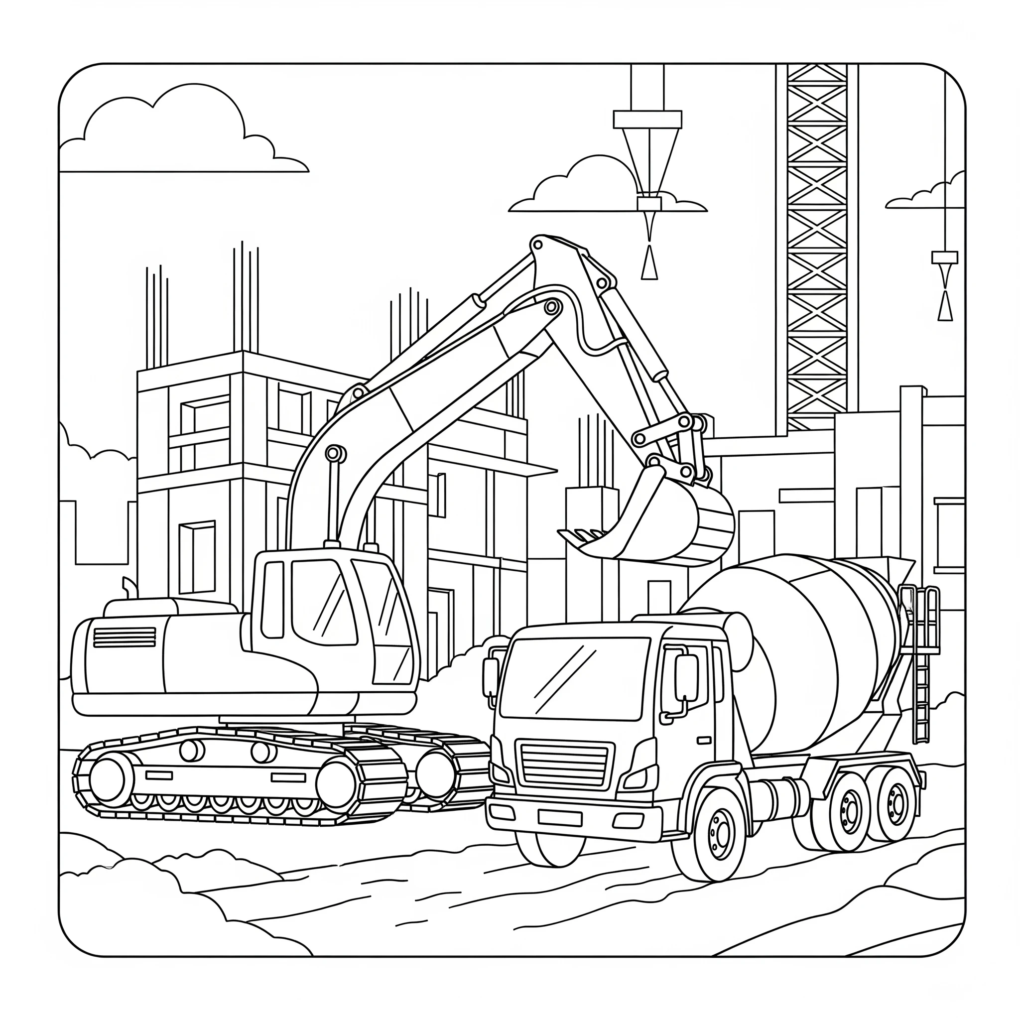Gambar Gambar Mewarnai Mobil Molen Dan Excavator Mobil Bego siap untuk diwarnai